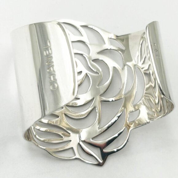 Chanel Rare 925 Solid Silver Camellia Cutout Bangle Cuff Bracelet - Picture 4 of 5